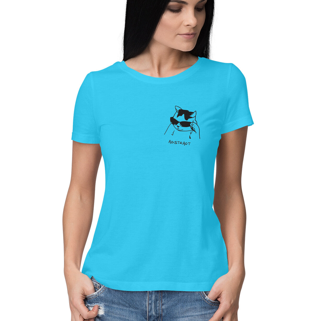 Sky Blue Sassy Cool Cat Sunglasses Abstract Line Art Women's Half Sleeve TShirt Tshirt