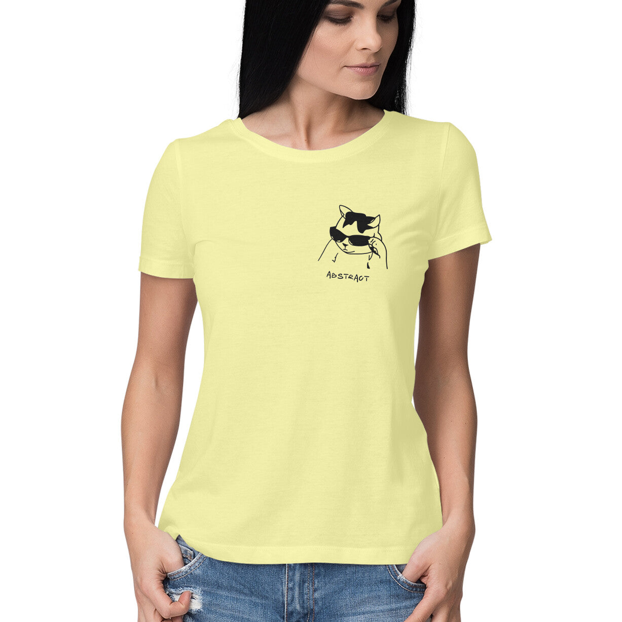 Butter Yellow Sassy Cool Cat Sunglasses Abstract Line Art Women's Half Sleeve TShirt Tshirt