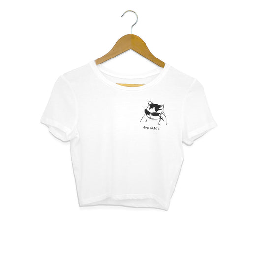White Cool Cat Sunglasses Minimalist Line Art Crop Top | Ironic Kitten Streetwear Crop Top
