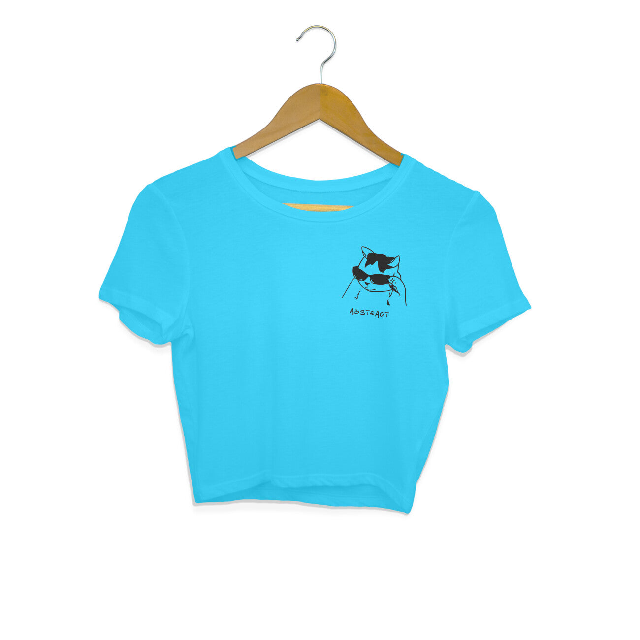 Sky Blue Cool Cat Sunglasses Minimalist Line Art Crop Top | Ironic Kitten Streetwear Crop Top