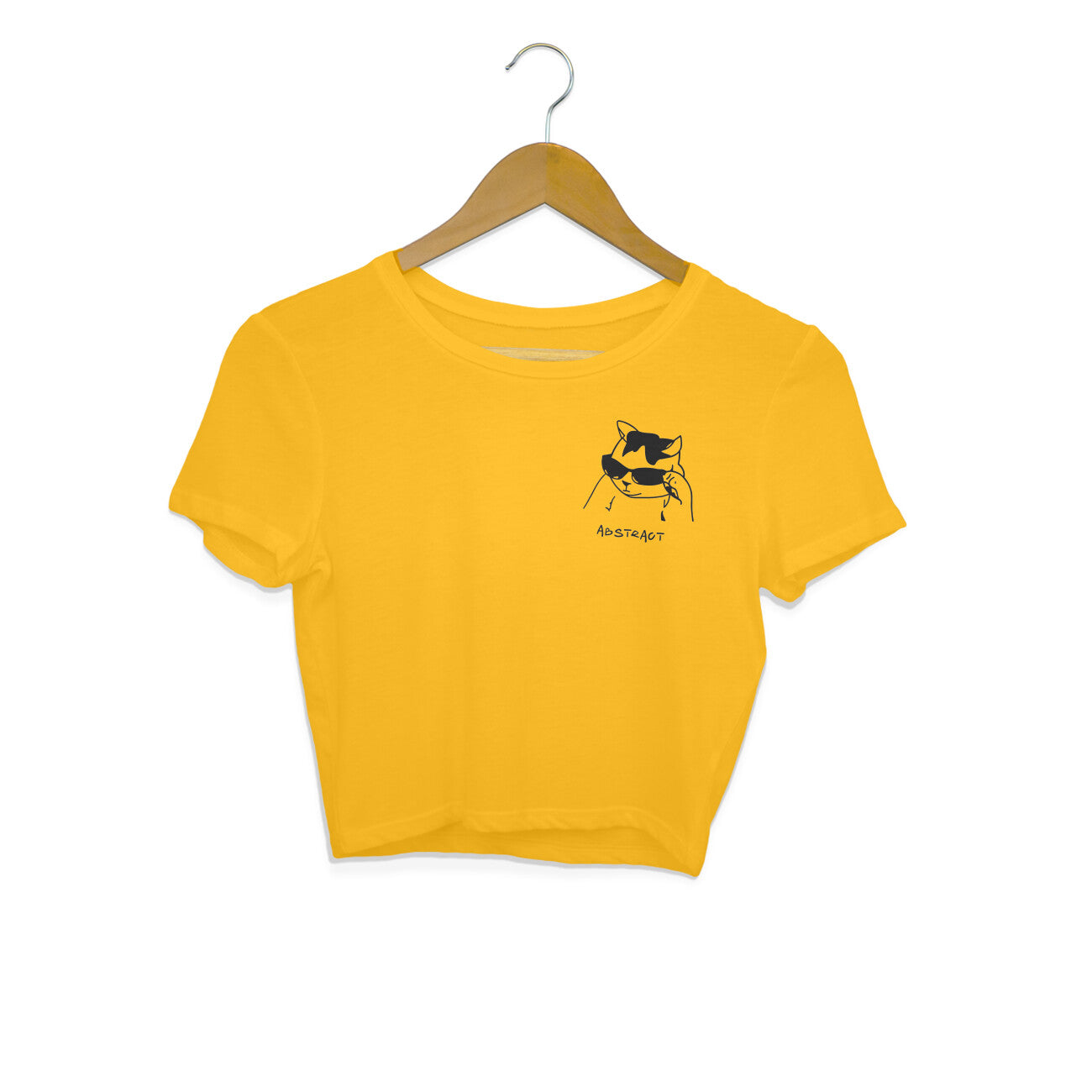 Golden Yellow Cool Cat Sunglasses Minimalist Line Art Crop Top | Ironic Kitten Streetwear Crop Top