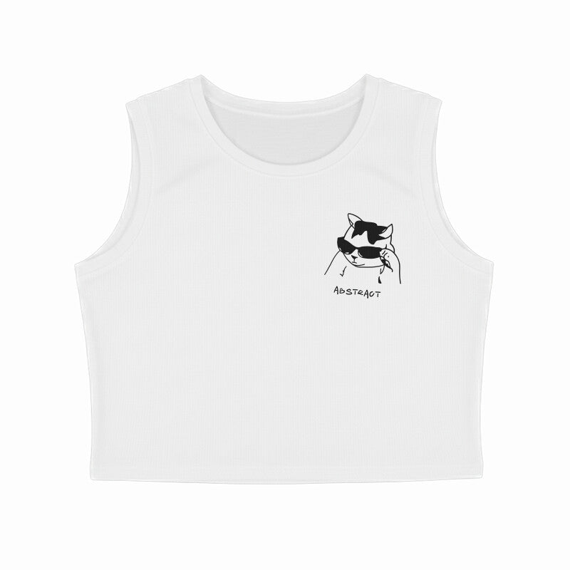 White Abstract Cool Cat Sunglasses Minimalist Line Art Women's Crop Tank Top Tank Top