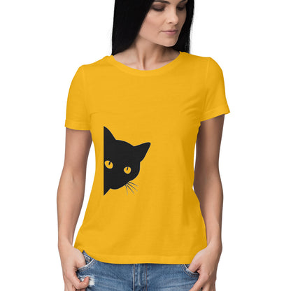 Golden Yellow Minimalist Peeking Black Cat Women's Half Sleeve TShirt - Hidden Kitty Silhouette Tshirt