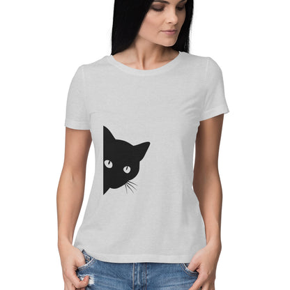 Melange Grey Minimalist Peeking Black Cat Women's Half Sleeve TShirt - Hidden Kitty Silhouette Tshirt
