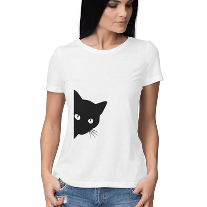 White Minimalist Peeking Black Cat Women's Half Sleeve TShirt - Hidden Kitty Silhouette Tshirt