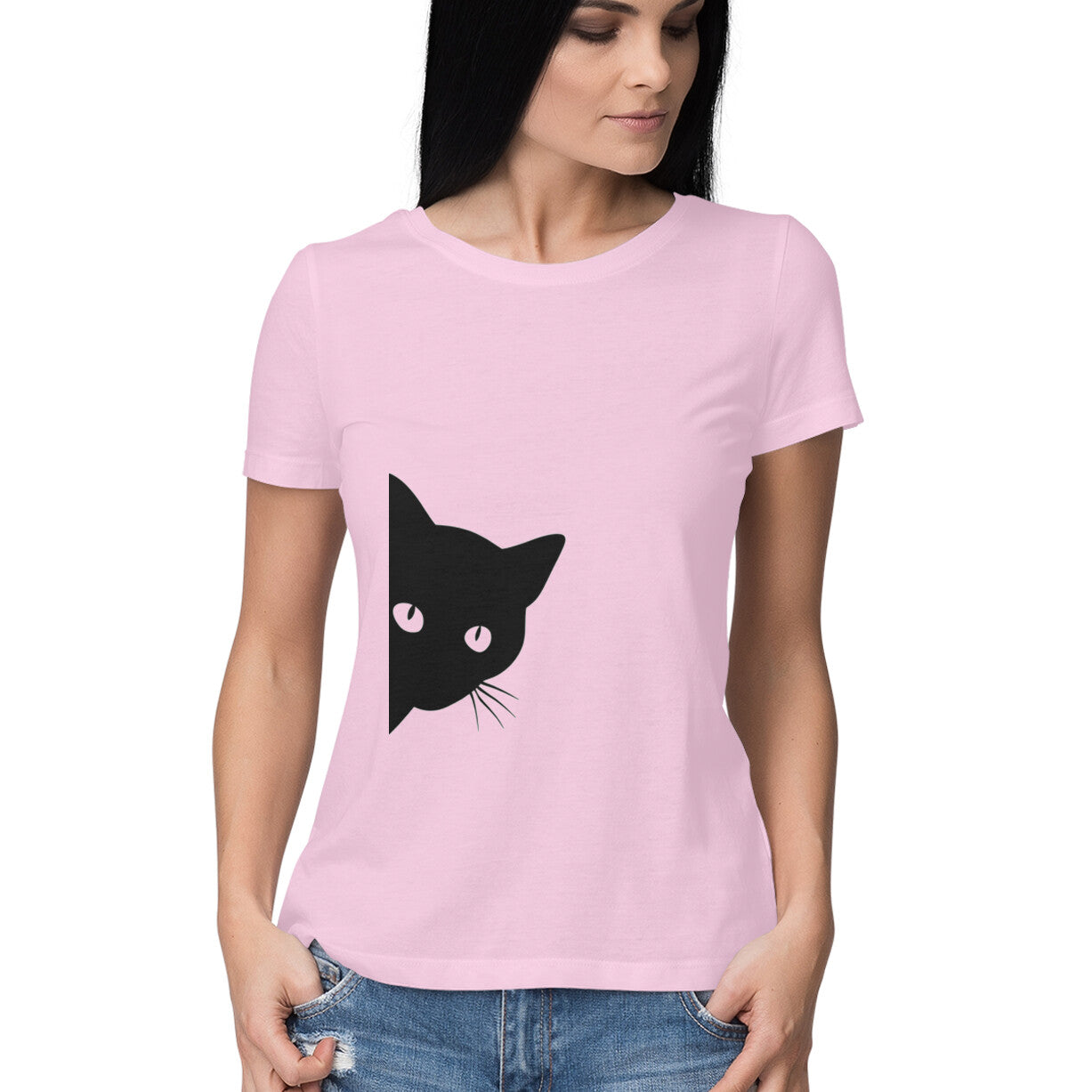 Light Pink Minimalist Peeking Black Cat Women's Half Sleeve TShirt - Hidden Kitty Silhouette Tshirt