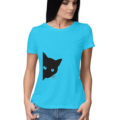 Sky Blue Minimalist Peeking Black Cat Women's Half Sleeve TShirt - Hidden Kitty Silhouette Tshirt