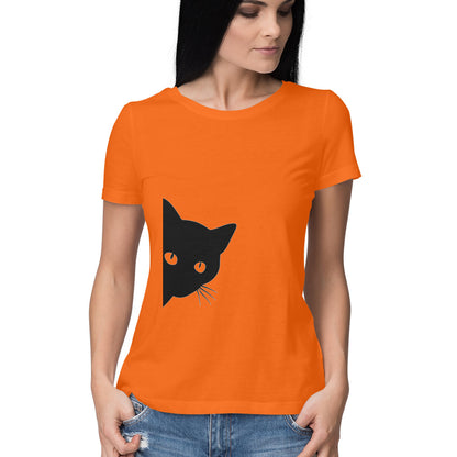 Orange Minimalist Peeking Black Cat Women's Half Sleeve TShirt - Hidden Kitty Silhouette Tshirt