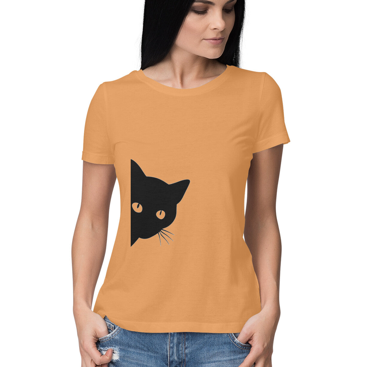 Mustard Yellow Minimalist Peeking Black Cat Women's Half Sleeve TShirt - Hidden Kitty Silhouette Tshirt