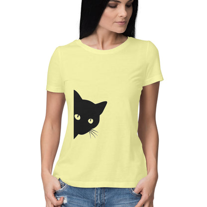 Butter Yellow Minimalist Peeking Black Cat Women's Half Sleeve TShirt - Hidden Kitty Silhouette Tshirt
