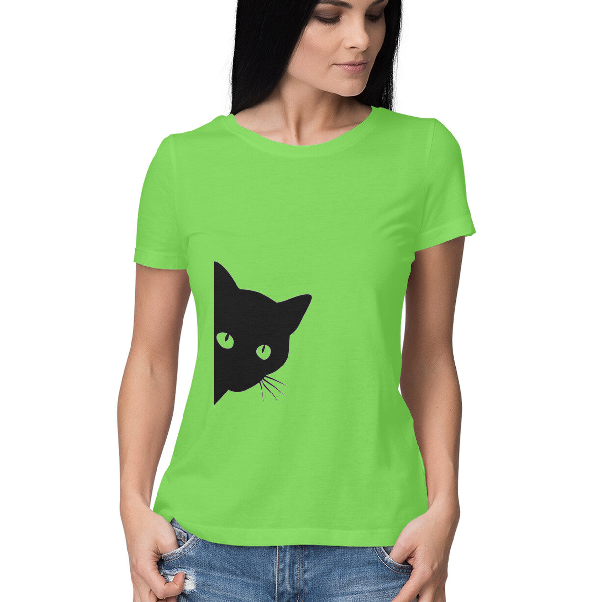 Liril Green Minimalist Peeking Black Cat Women's Half Sleeve TShirt - Hidden Kitty Silhouette Tshirt