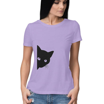 Iris Lavender Minimalist Peeking Black Cat Women's Half Sleeve TShirt - Hidden Kitty Silhouette Tshirt