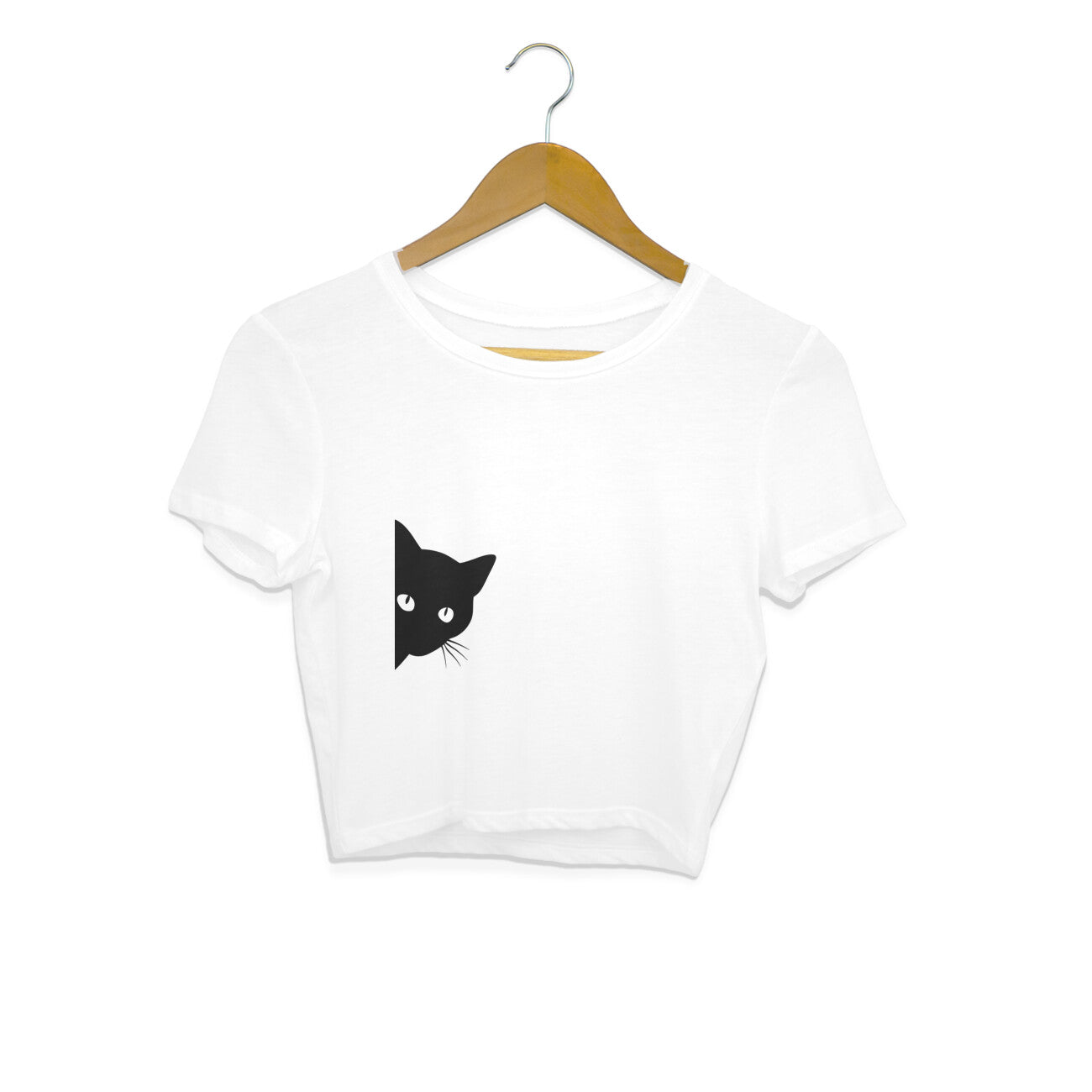 White Sneaky Peeking Black Cat Minimalist Crop Top | Cute Silhouette Kitty Shirt Crop Top