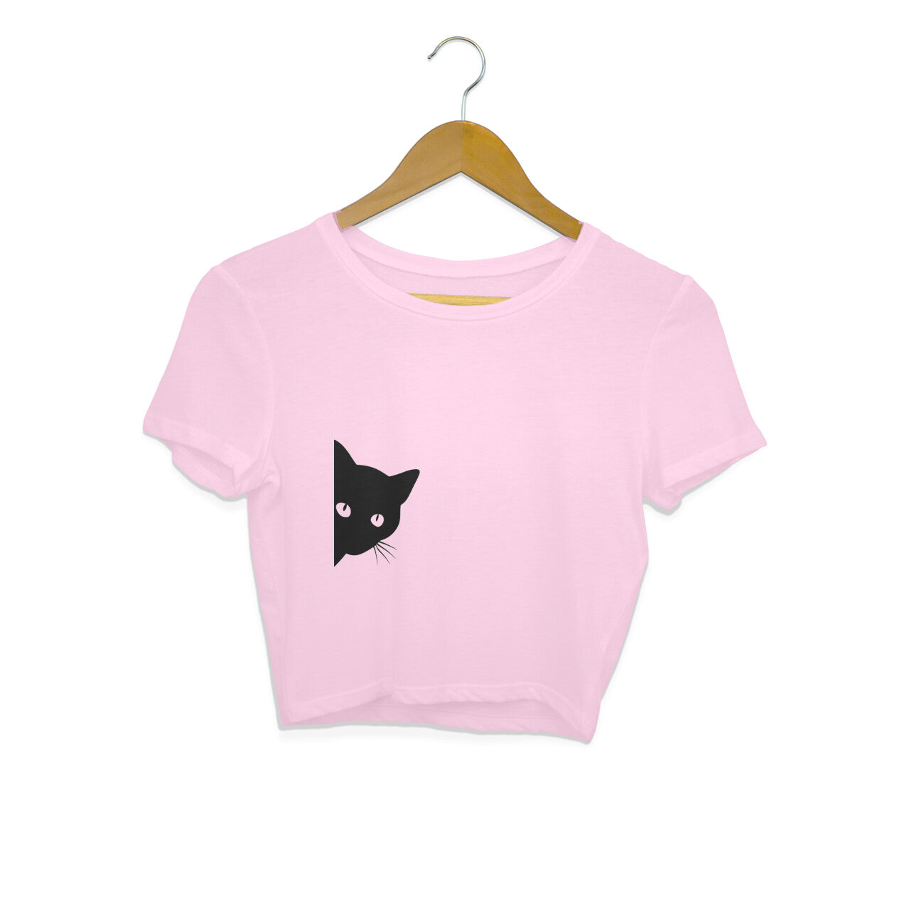 Light Pink Sneaky Peeking Black Cat Minimalist Crop Top | Cute Silhouette Kitty Shirt Crop Top