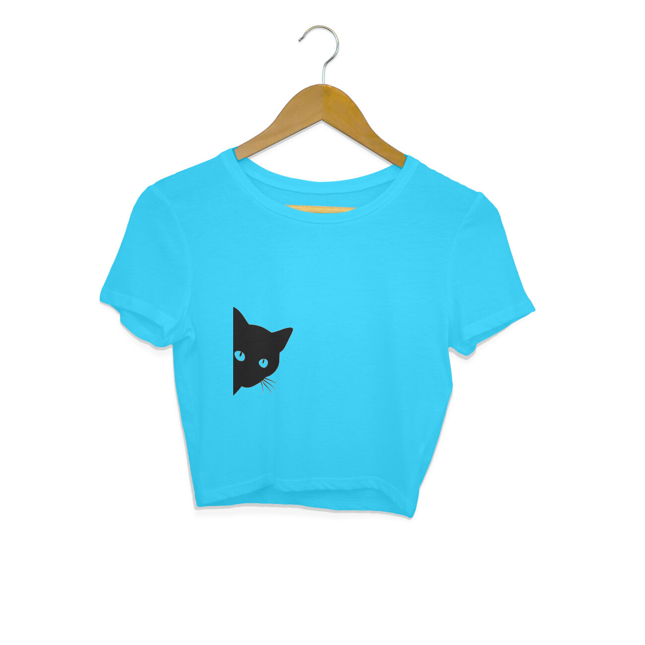 Sky Blue Sneaky Peeking Black Cat Minimalist Crop Top | Cute Silhouette Kitty Shirt Crop Top