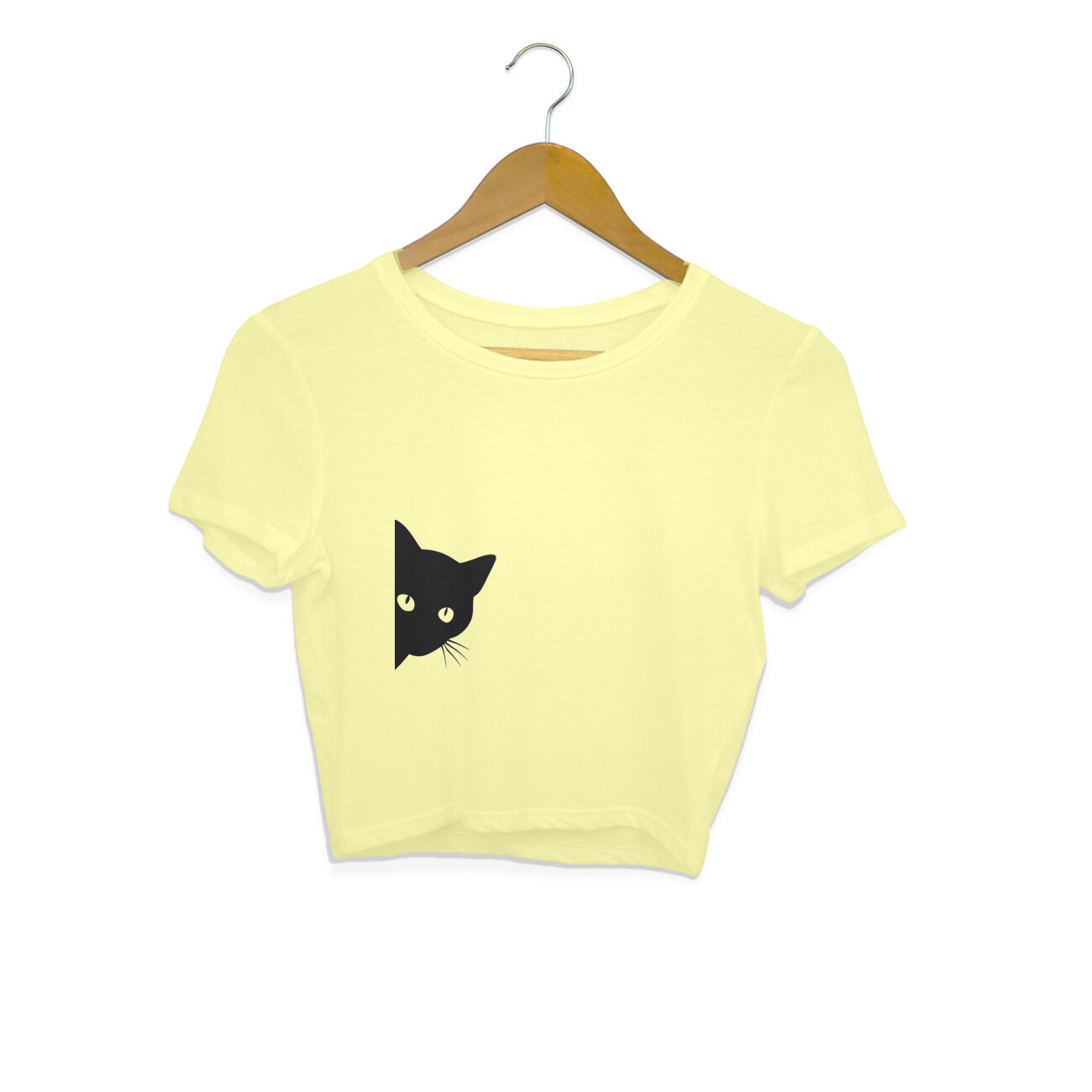 Butter Yellow Sneaky Peeking Black Cat Minimalist Crop Top | Cute Silhouette Kitty Shirt Crop Top