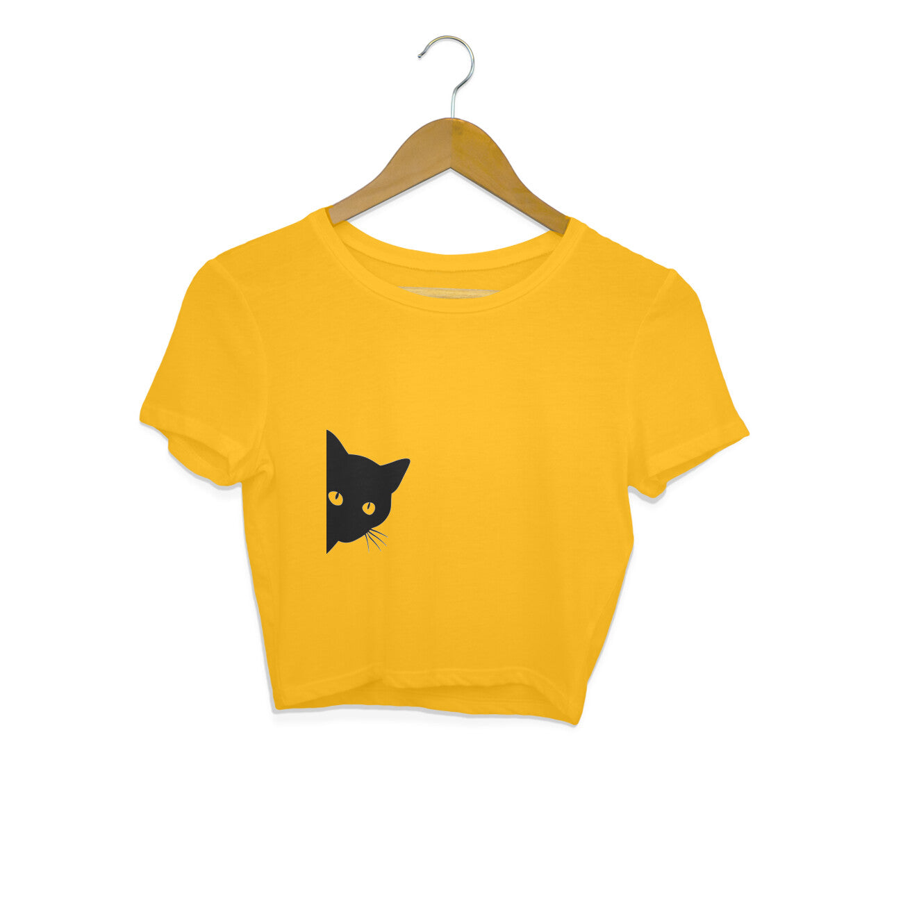 Golden Yellow Sneaky Peeking Black Cat Minimalist Crop Top | Cute Silhouette Kitty Shirt Crop Top