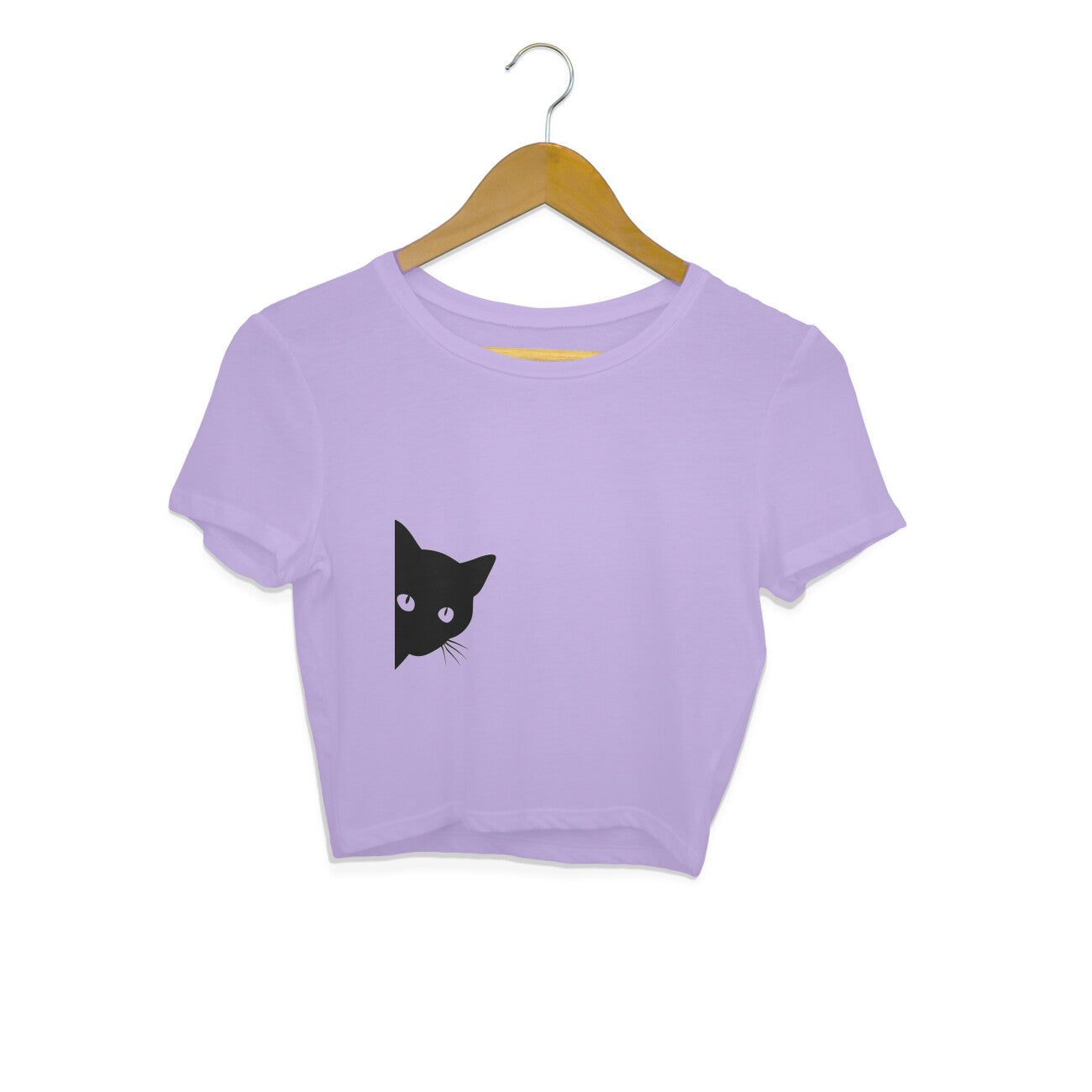 Iris Lavender Sneaky Peeking Black Cat Minimalist Crop Top | Cute Silhouette Kitty Shirt Crop Top