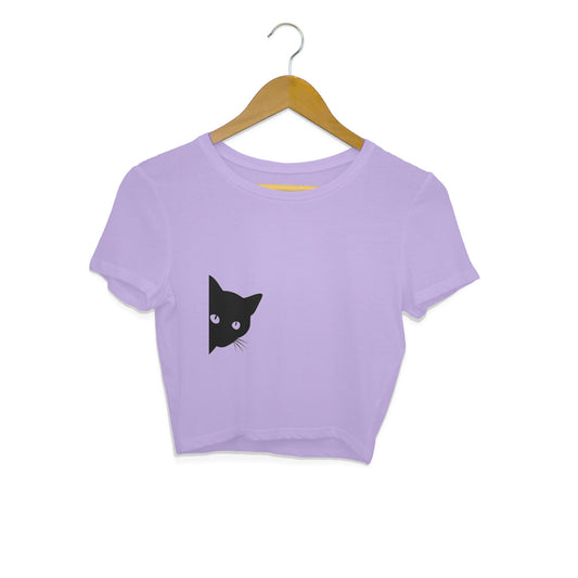 Iris Lavender Sneaky Peeking Black Cat Minimalist Crop Top | Cute Silhouette Kitty Shirt Crop Top