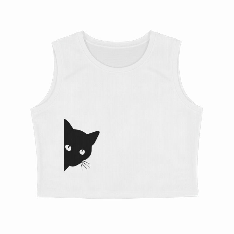 White Stealthy Peeking Black Cat Silhouette Crop Tank Top for Cat Moms Tank Top