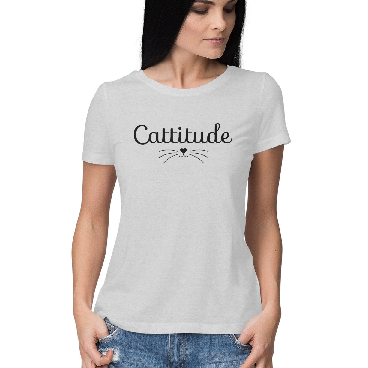 Melange Grey Sassy Cattitude Shirt - Minimalist Cat Lover Women's Half Sleeve TShirt Tshirt