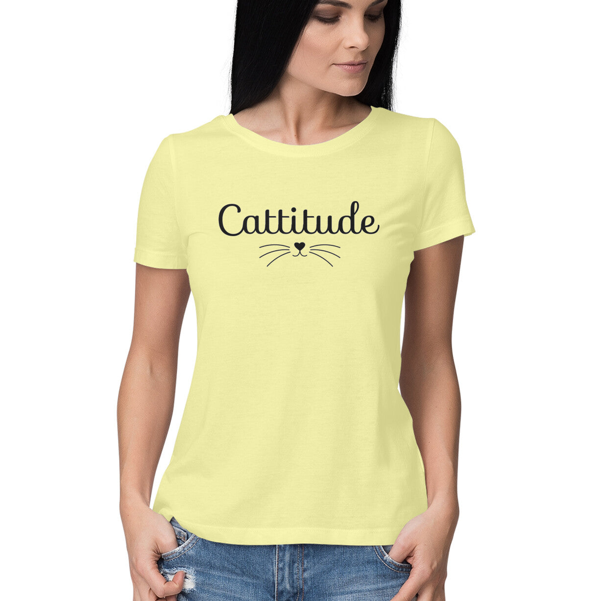 Butter Yellow Sassy Cattitude Shirt - Minimalist Cat Lover Women's Half Sleeve TShirt Tshirt