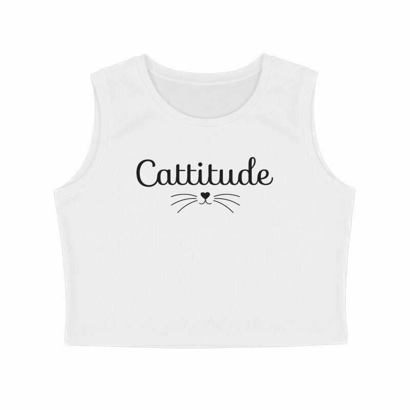 White Cattitude Funny Cat Quote Women's Crop Tank Top - Minimalist Cat Mom Aesthetic Apparel Tank Top