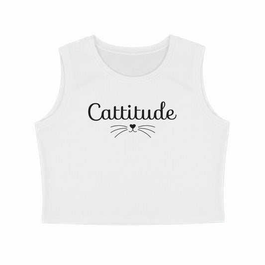 White Cattitude Funny Cat Quote Women's Crop Tank Top - Minimalist Cat Mom Aesthetic Apparel Tank Top