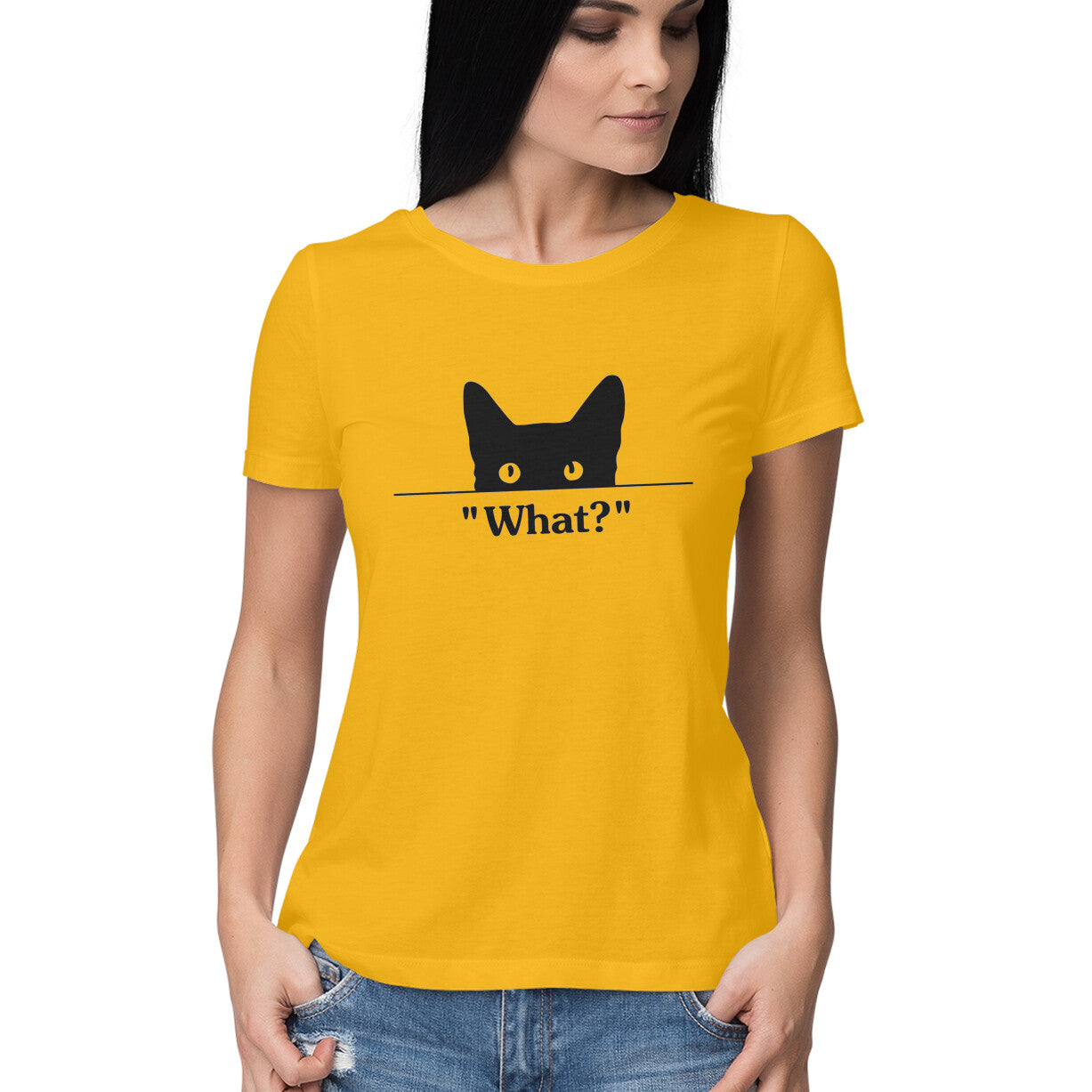 Golden Yellow Peeking Black Cat "What?" TShirt - Funny Cat Mom Minimalist Women's Half Sleeve Tee Tshirt