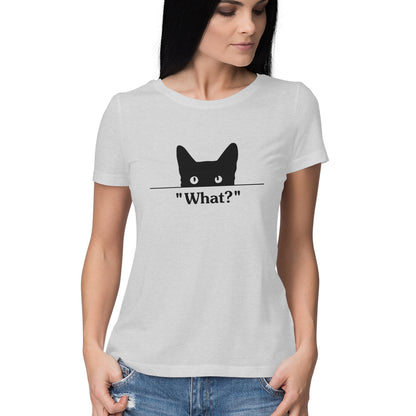 Melange Grey Peeking Black Cat "What?" TShirt - Funny Cat Mom Minimalist Women's Half Sleeve Tee Tshirt