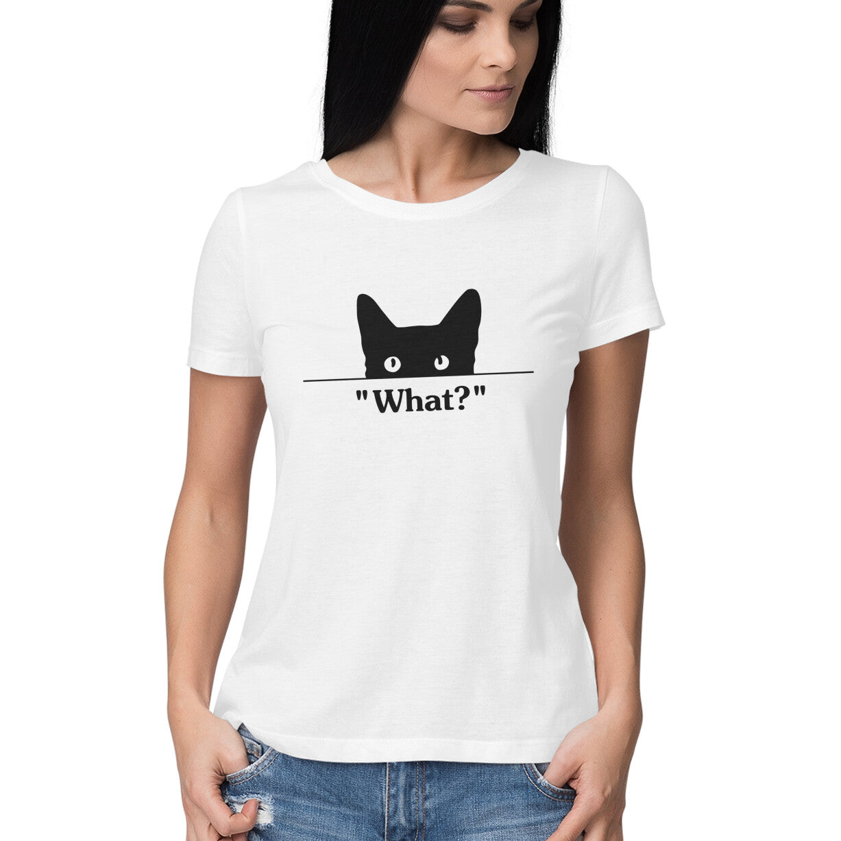 White Peeking Black Cat "What?" TShirt - Funny Cat Mom Minimalist Women's Half Sleeve Tee Tshirt