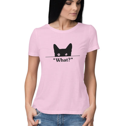 Light Pink Peeking Black Cat "What?" TShirt - Funny Cat Mom Minimalist Women's Half Sleeve Tee Tshirt