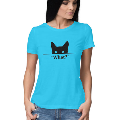 Sky Blue Peeking Black Cat "What?" TShirt - Funny Cat Mom Minimalist Women's Half Sleeve Tee Tshirt
