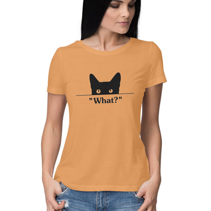 Mustard Yellow Peeking Black Cat "What?" TShirt - Funny Cat Mom Minimalist Women's Half Sleeve Tee Tshirt