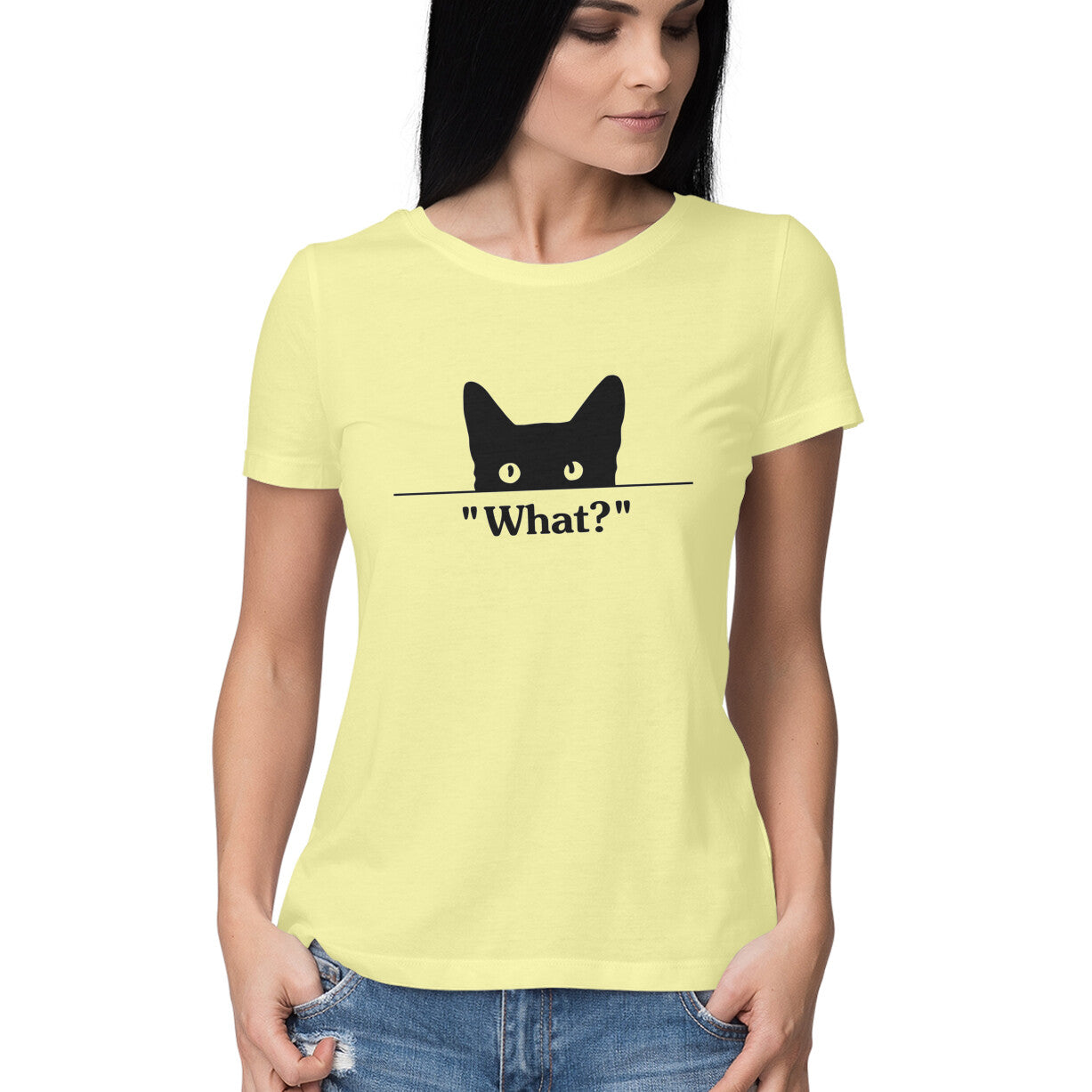 Butter Yellow Peeking Black Cat "What?" TShirt - Funny Cat Mom Minimalist Women's Half Sleeve Tee Tshirt