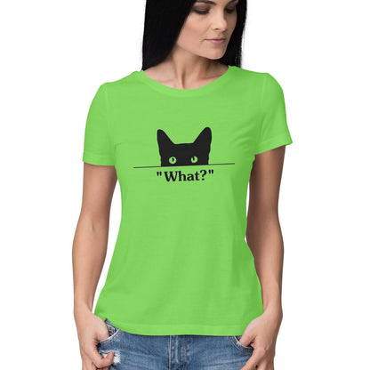 Liril Green Peeking Black Cat "What?" TShirt - Funny Cat Mom Minimalist Women's Half Sleeve Tee Tshirt