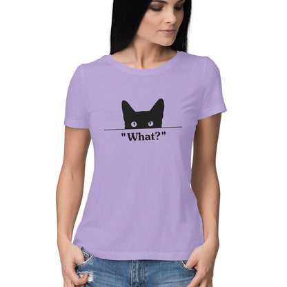 Iris Lavender Peeking Black Cat "What?" TShirt - Funny Cat Mom Minimalist Women's Half Sleeve Tee Tshirt