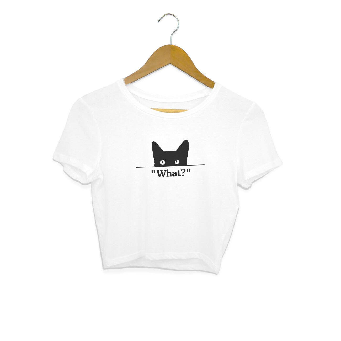 White Peeking Black Cat 'What?' Minimalist Funny Crop Top for Women | Cat Mom Apparel Crop Top