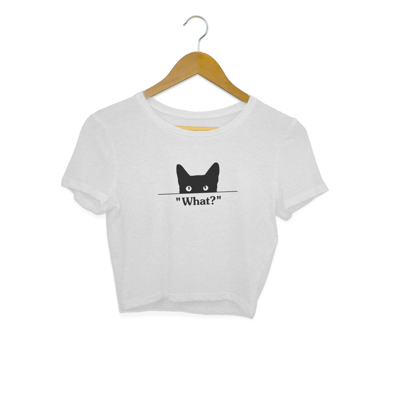 Melange Grey Peeking Black Cat 'What?' Minimalist Funny Crop Top for Women | Cat Mom Apparel Crop Top