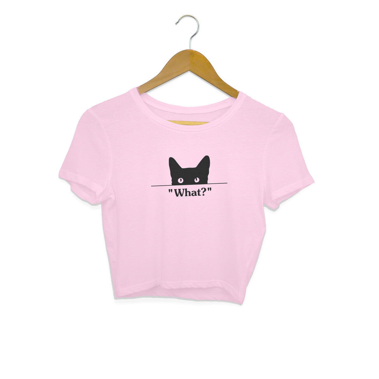 Light Pink Peeking Black Cat 'What?' Minimalist Funny Crop Top for Women | Cat Mom Apparel Crop Top