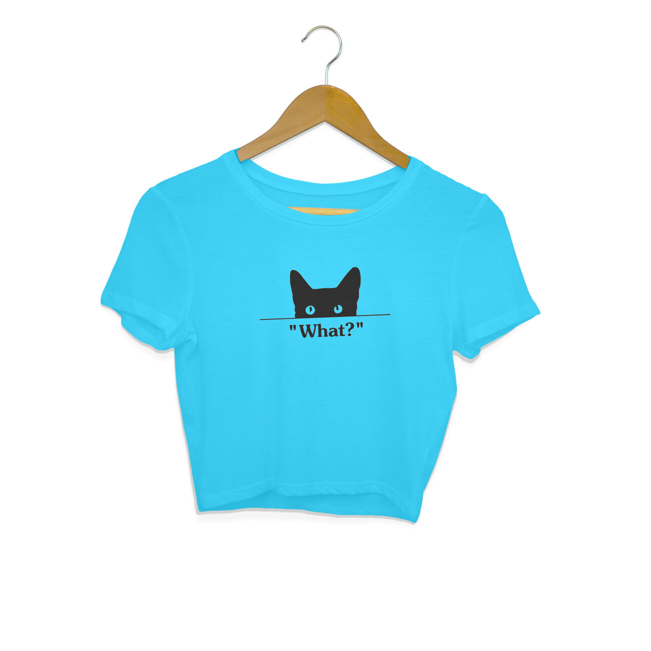 Sky Blue Peeking Black Cat 'What?' Minimalist Funny Crop Top for Women | Cat Mom Apparel Crop Top