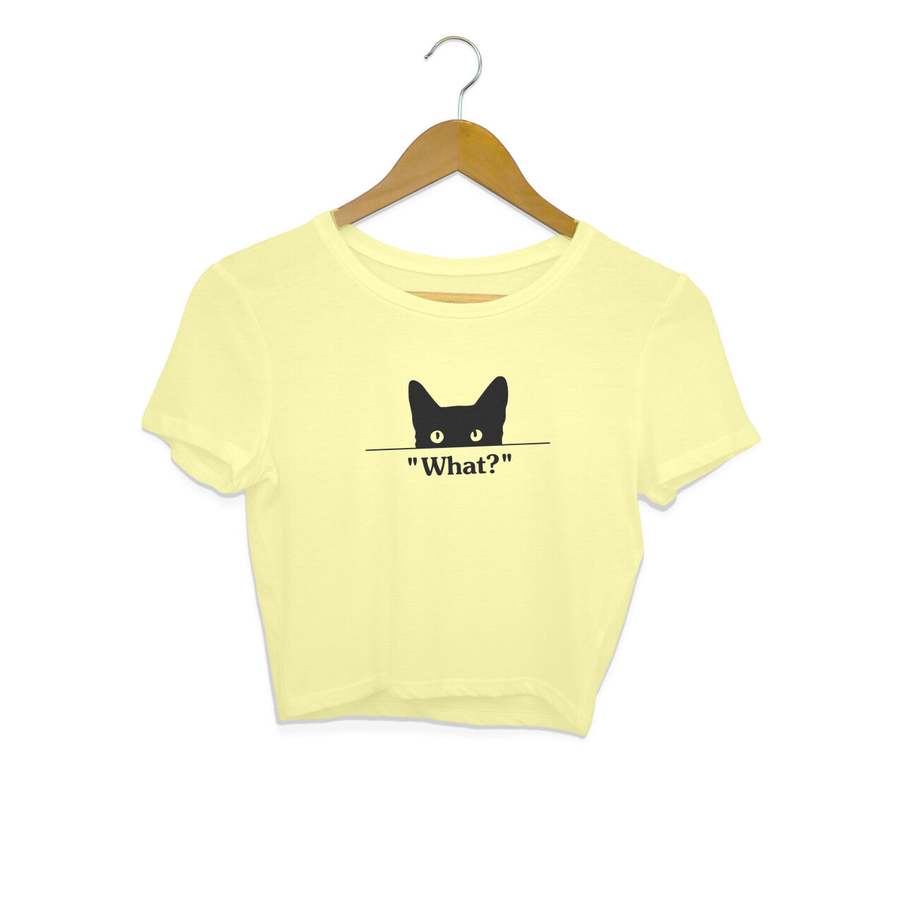 Butter Yellow Peeking Black Cat 'What?' Minimalist Funny Crop Top for Women | Cat Mom Apparel Crop Top