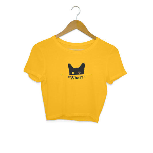 Golden Yellow Peeking Black Cat 'What?' Minimalist Funny Crop Top for Women | Cat Mom Apparel Crop Top