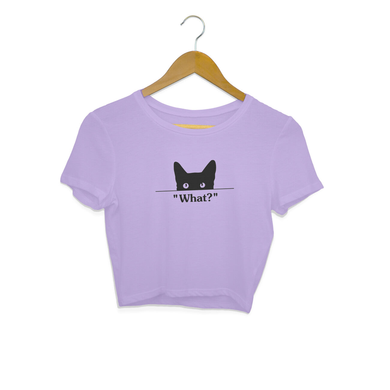 Iris Lavender Peeking Black Cat 'What?' Minimalist Funny Crop Top for Women | Cat Mom Apparel Crop Top