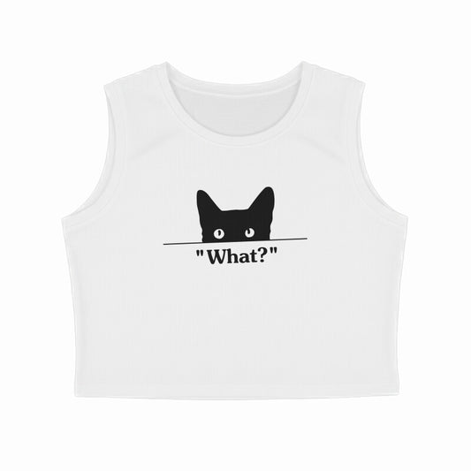 White Minimalist Black Cat 'What?' Crop Tank Top | Funny Peeking Kitten Aesthetic Tank Top