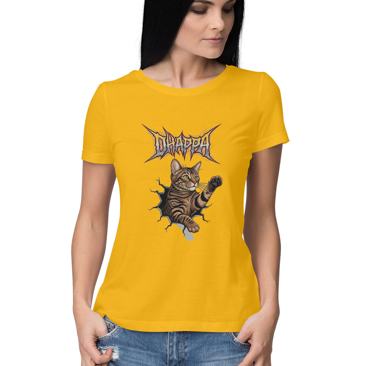 Golden Yellow DHAPPA Cat Heavy Metal Logo Women's Half Sleeve TShirt - Funny Tabby Graphic Tee Tshirt