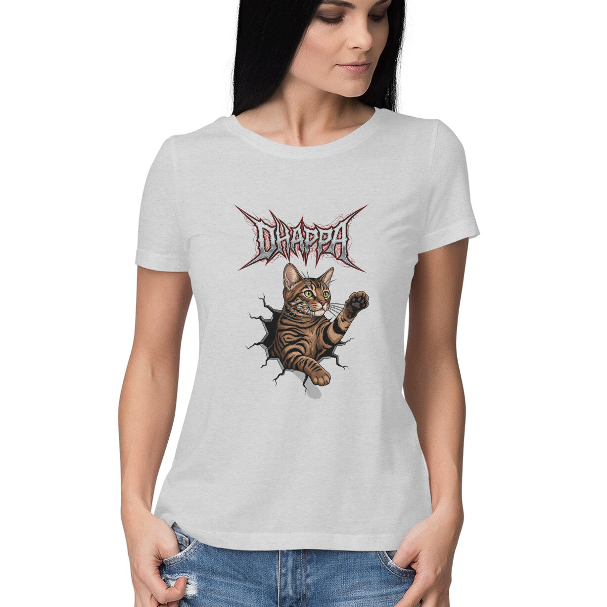 Melange Grey DHAPPA Cat Heavy Metal Logo Women's Half Sleeve TShirt - Funny Tabby Graphic Tee Tshirt