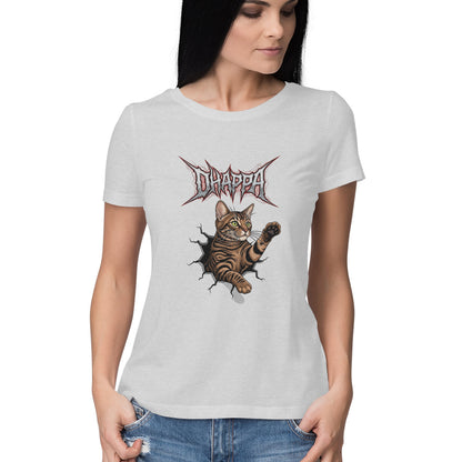 Melange Grey DHAPPA Cat Heavy Metal Logo Women's Half Sleeve TShirt - Funny Tabby Graphic Tee Tshirt