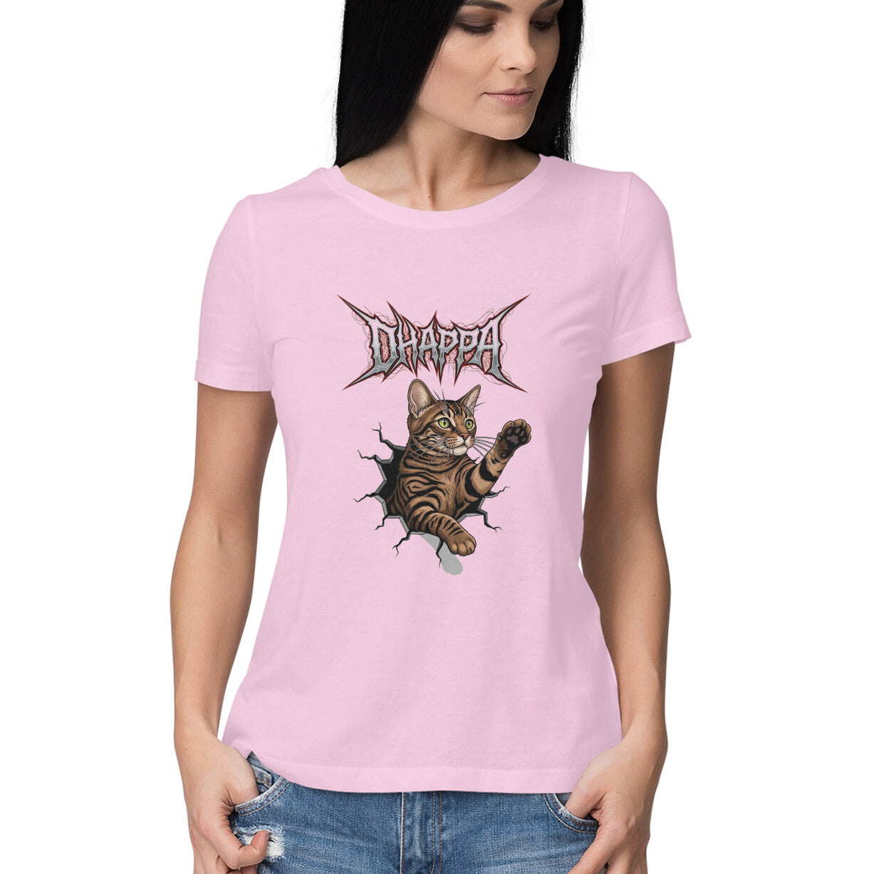 Light Pink DHAPPA Cat Heavy Metal Logo Women's Half Sleeve TShirt - Funny Tabby Graphic Tee Tshirt