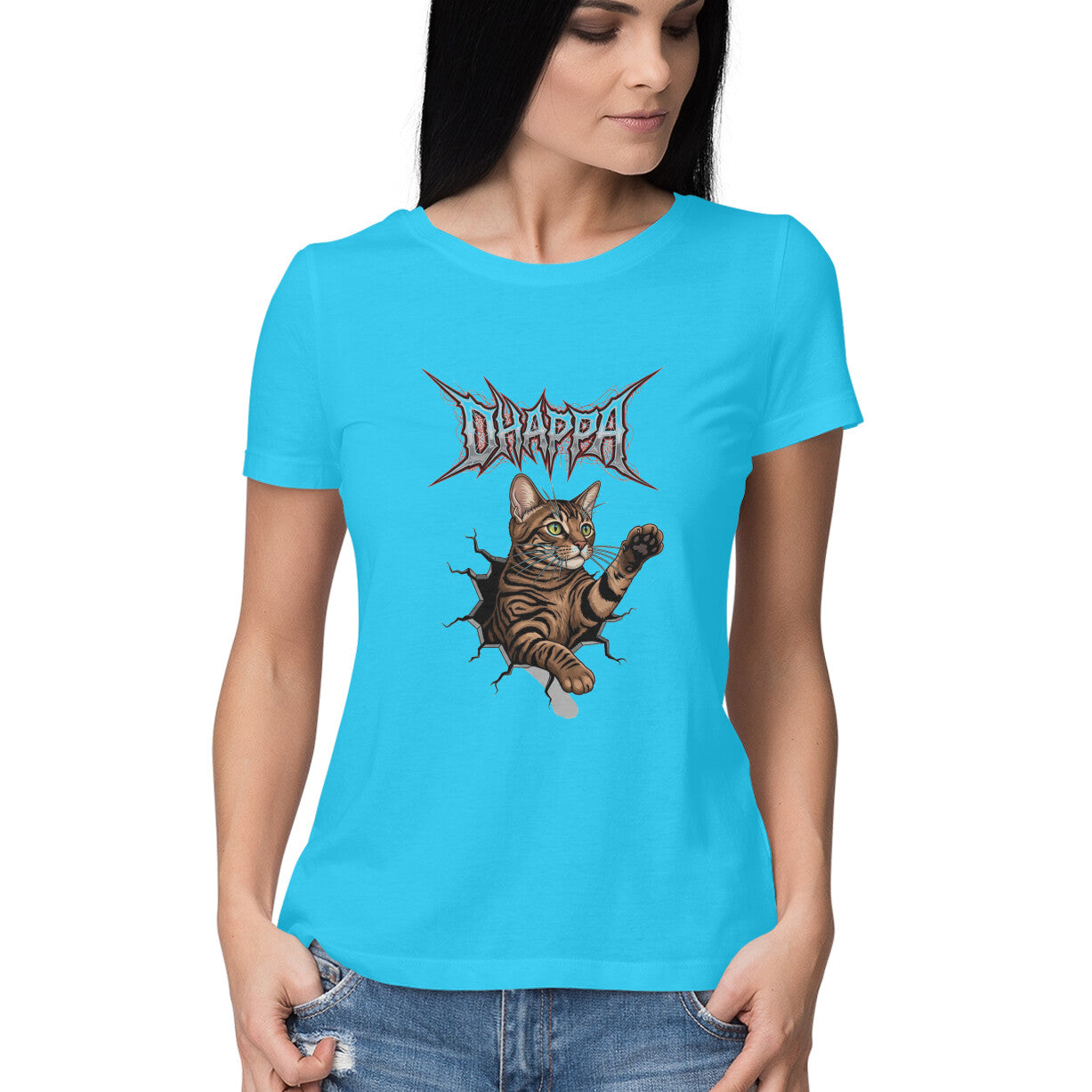 Sky Blue DHAPPA Cat Heavy Metal Logo Women's Half Sleeve TShirt - Funny Tabby Graphic Tee Tshirt